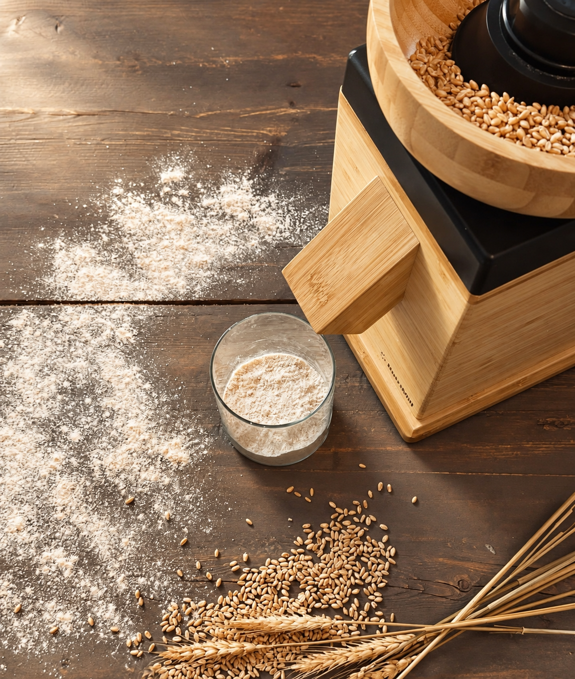Wheat berries and fresh flour beside a stone mill