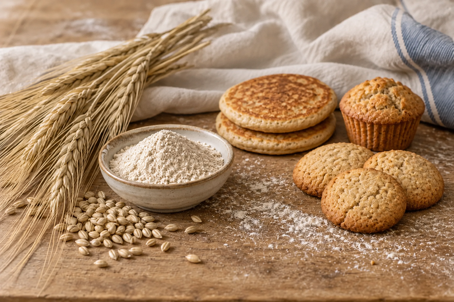 Long-awn barley, kernels, fresh flour, pancakes, a muffin, and cookies