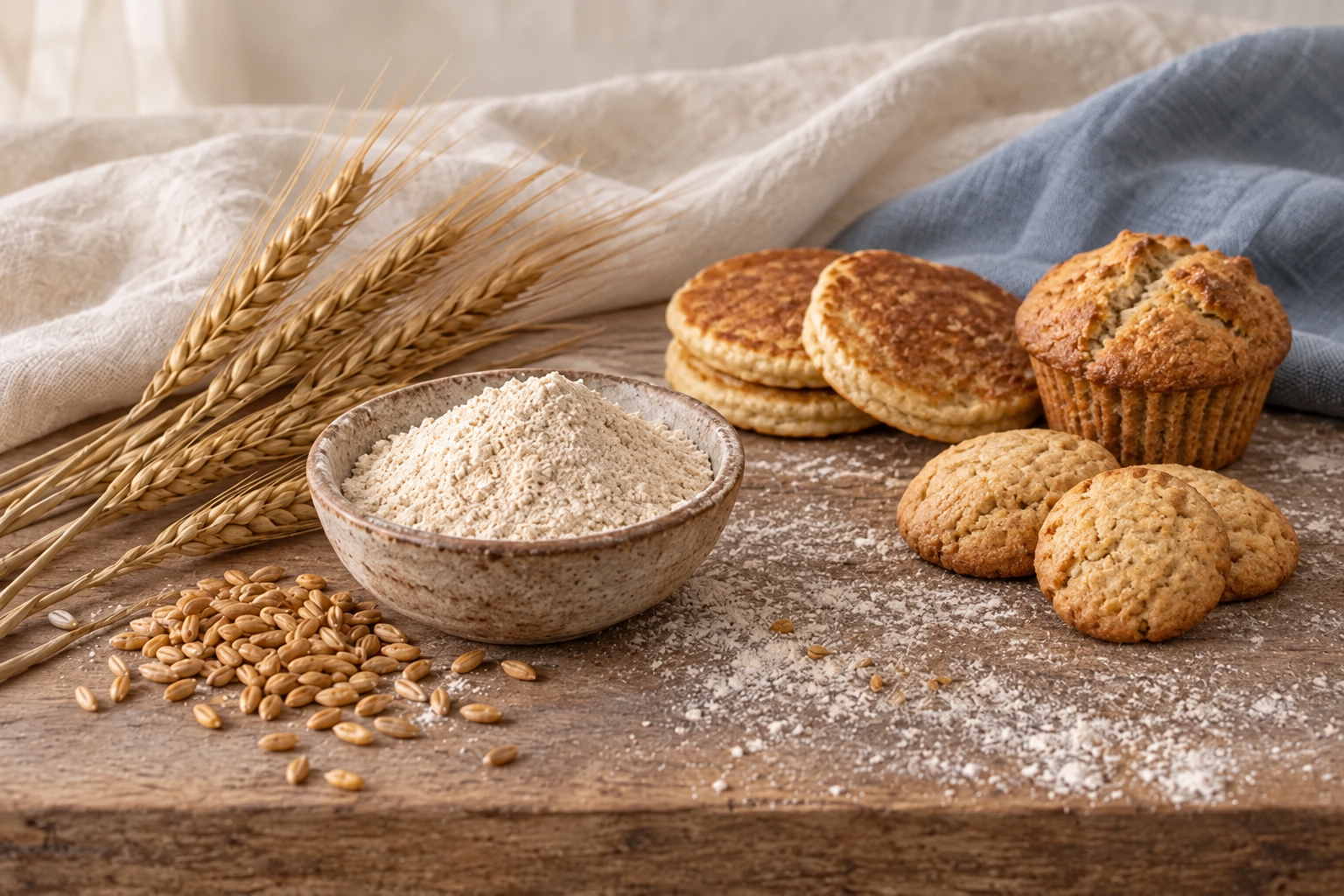 Einkorn wheat, berries, fresh flour, pancakes, a muffin, and cookies