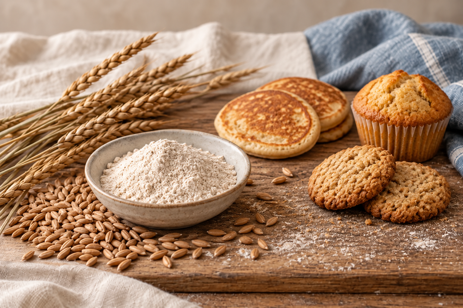 Spelt heads, berries, fresh flour, pancakes, a muffin, and cookies